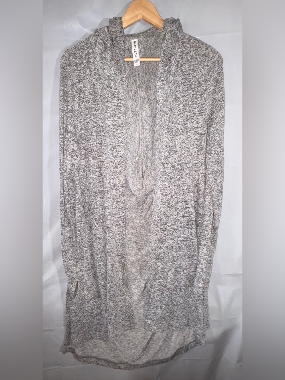 Athleta Open Front Cardigan Size S Gray Thumbholes Hooded Long Sleeve Marled